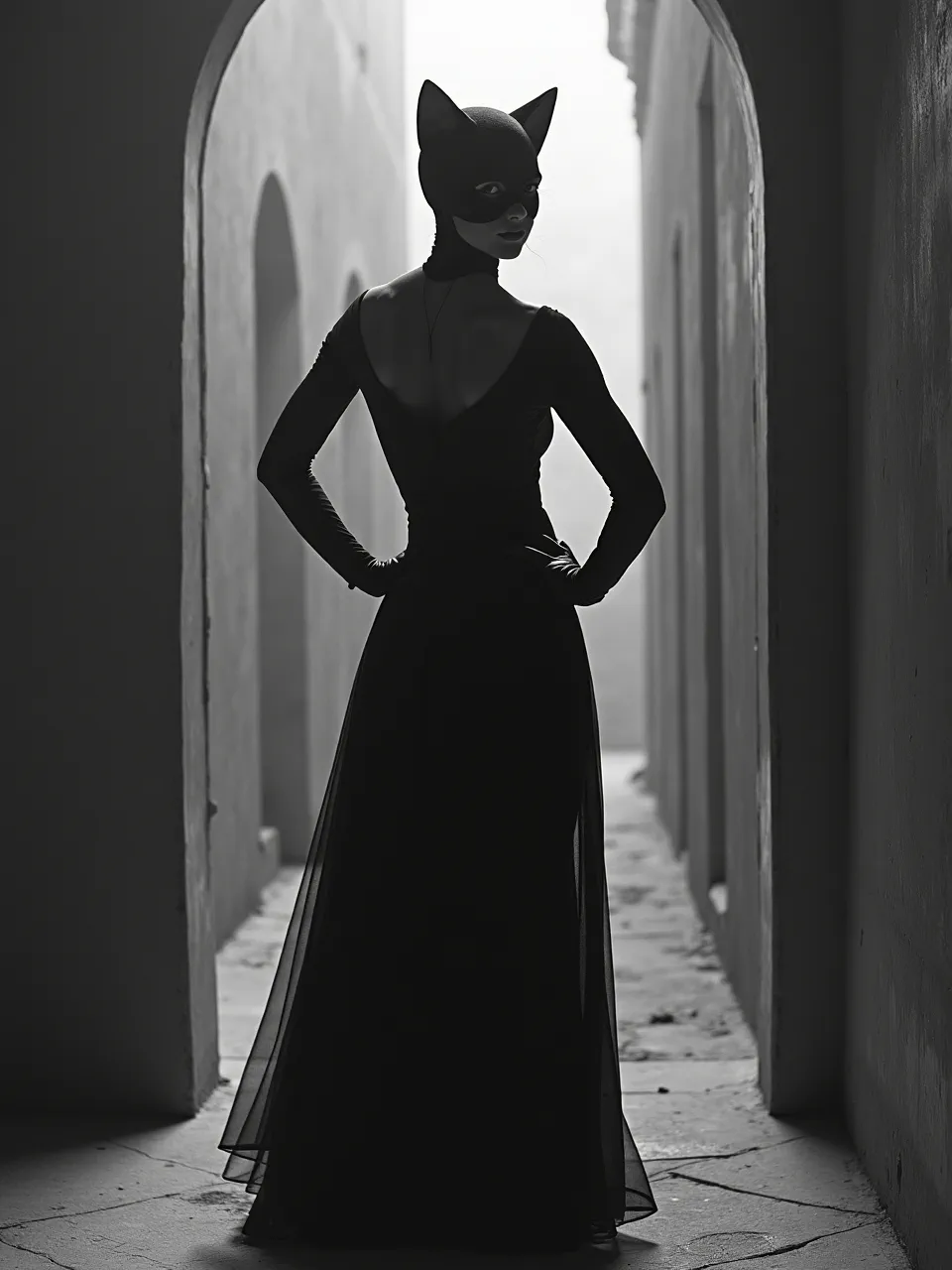 A striking Catwoman in Ando Fuchs style, a Flux AI generation. Intense black and white lighting and stark contrast highlight gritty textures in this dramatic digital photograph.