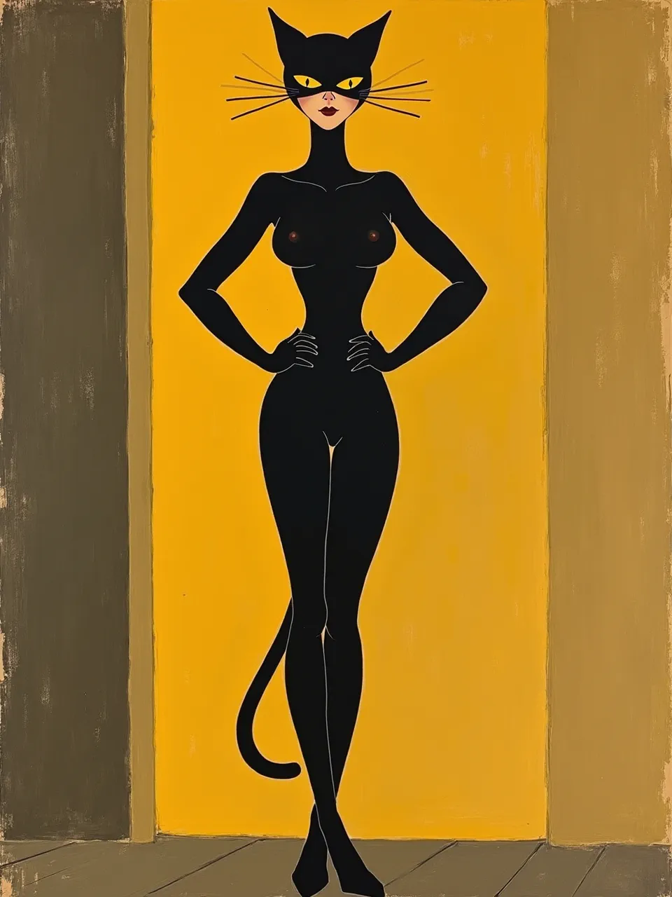 Andre Derain's vibrant Catwoman, an oil painting, features flat, bold lighting and expressive brushstroke textures against a striking yellow background, capturing Fauvist allure.