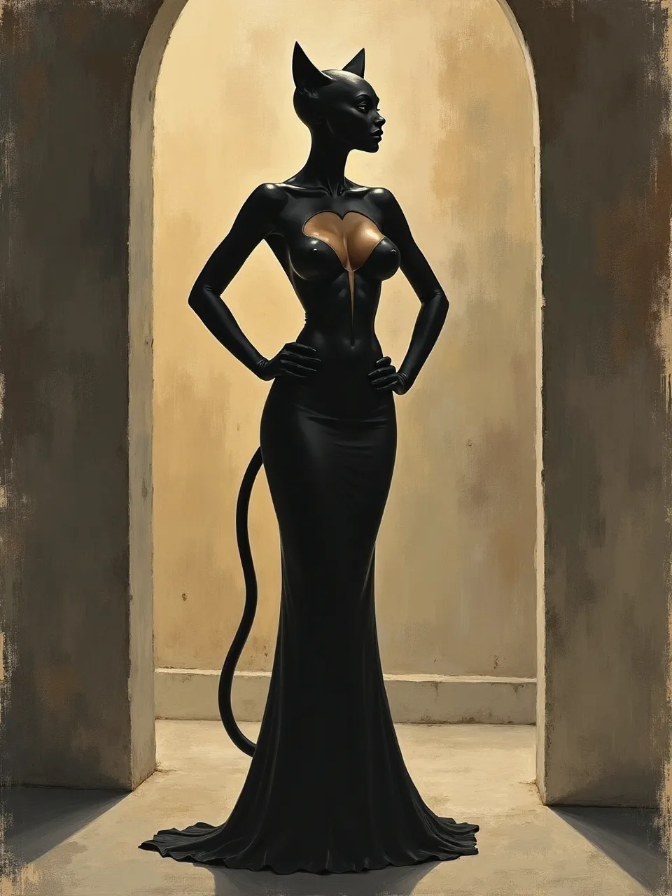 This Andre Masson-style Catwoman captivates with dramatic lighting on glossy, sculptural textures. The digital artistic medium blends sleekness with painterly background depths.