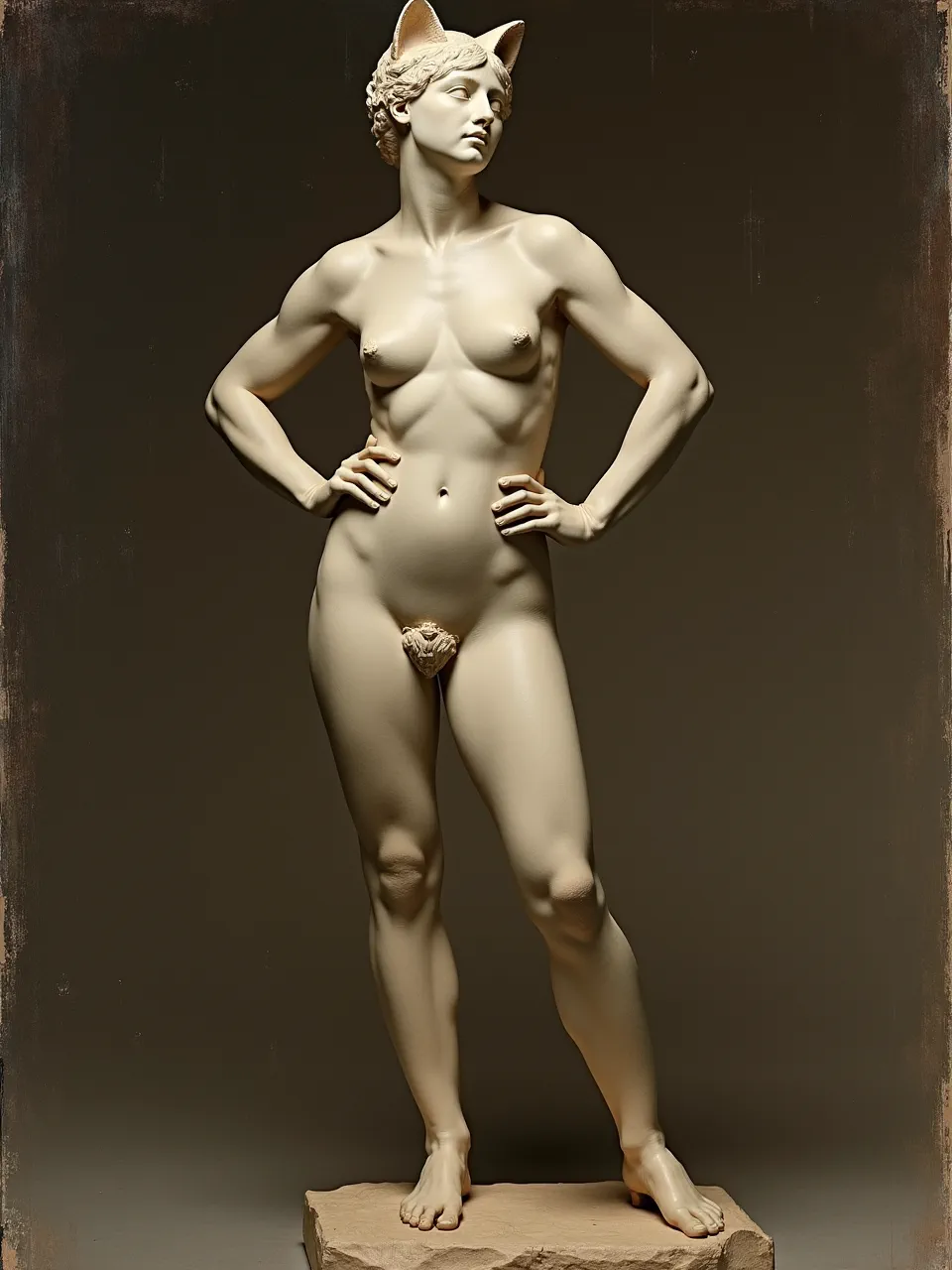 This Andrea del Verrocchio-inspired Catwoman sculpture showcases classical marble textures, dramatic lighting, and meticulous artistic medium details, revealing an idealized, powerful figure. A modern Renaissance fusion.