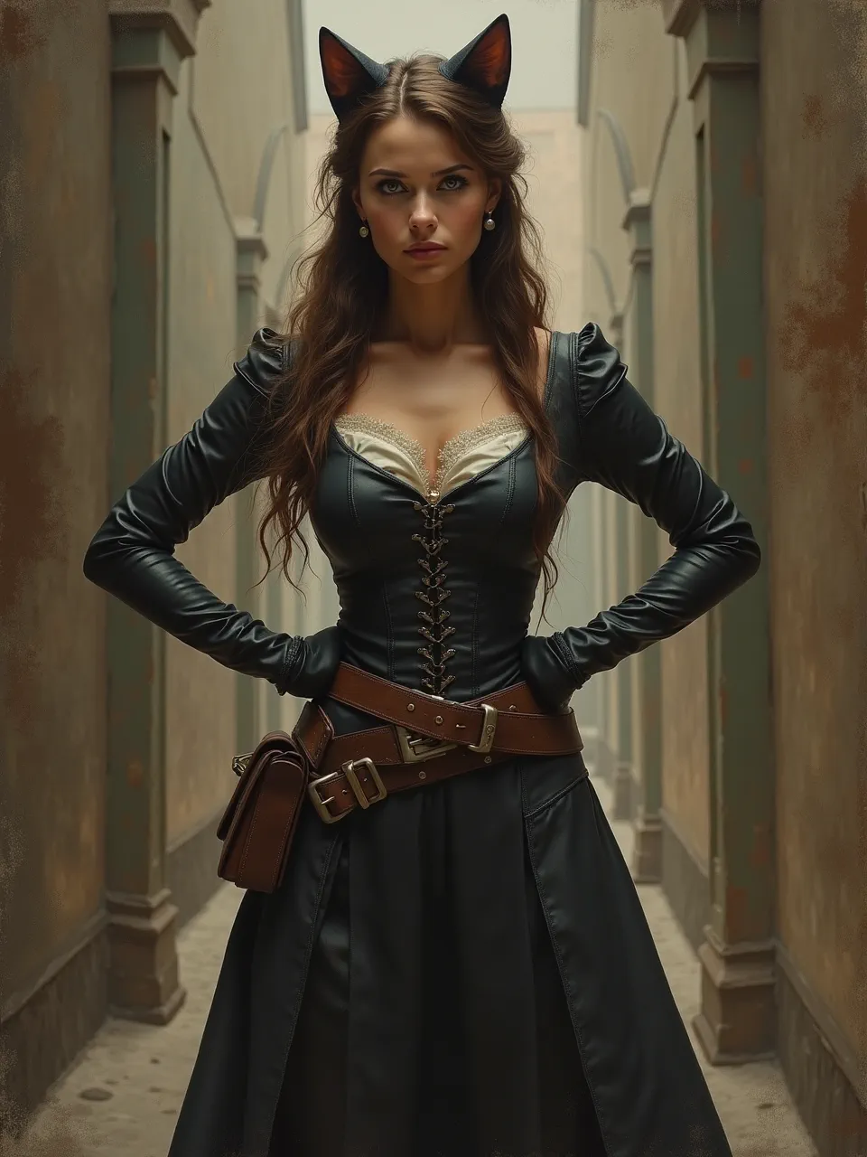 This Flux AI Catwoman generation, in the style of Andreas Achenbach, features dramatic oil painting lighting and rich, realistic textures, particularly on her leather ensemble, for an iconic portrayal.