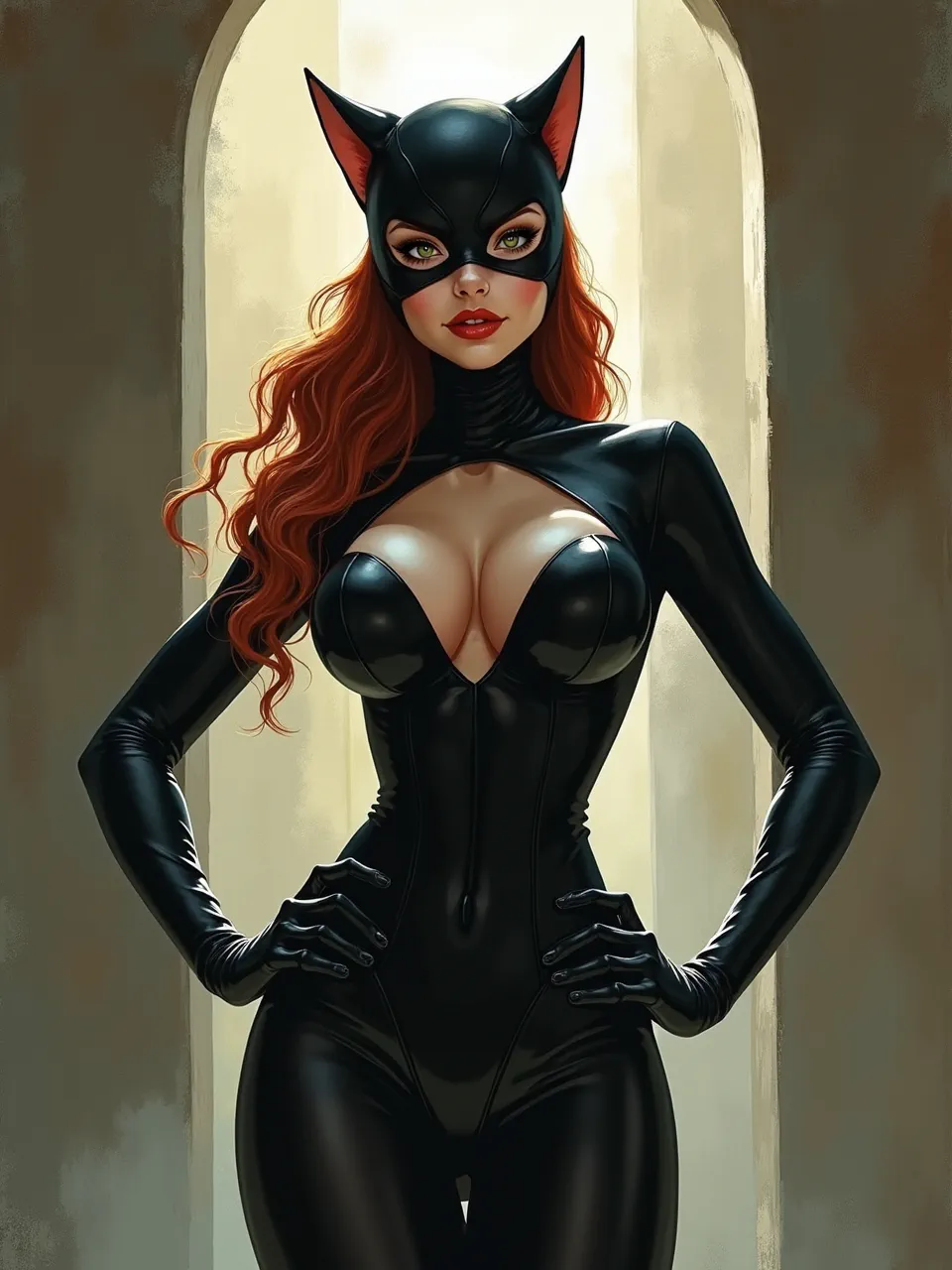 This Catwoman generation in Andreas Rocha's style features dramatic backlighting, showcasing glossy latex textures. A vibrant digital painting medium emphasizes intense lighting and captivating form.