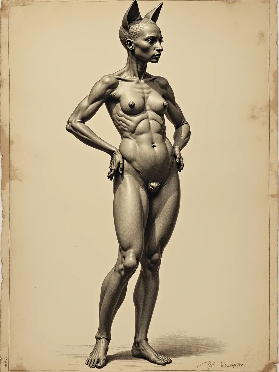 An Andreas Vesalius-inspired Catwoman generation. Dramatic lighting emphasizes detailed muscle textures in this precise anatomical etching on aged paper, a unique artistic medium blend.