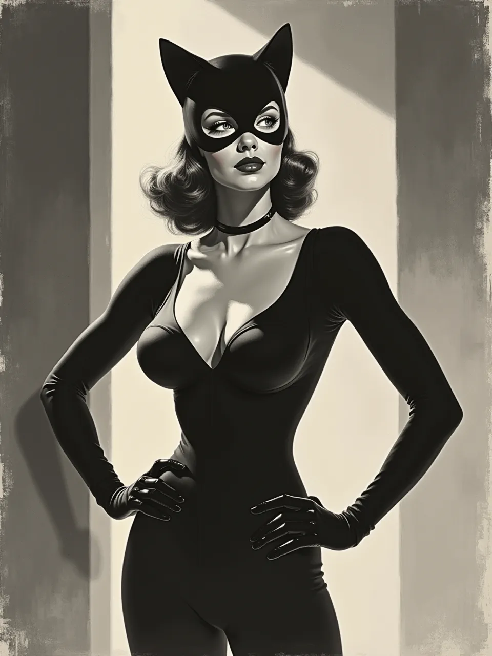 This Andrew Loomis-inspired Catwoman artwork captivates with dramatic chiaroscuro lighting, sleek costume textures, and a timeless monochrome illustration medium, a vintage masterpiece.
