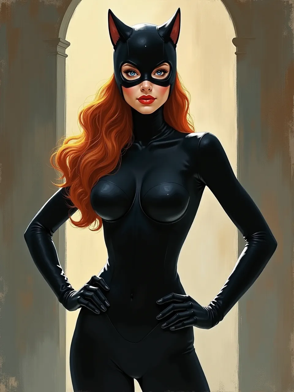 A luminous Catwoman portrait by Andrew Macara, showcasing his signature style with brilliant lighting, rich oil paint textures, and dynamic brushwork for compelling visual impact.