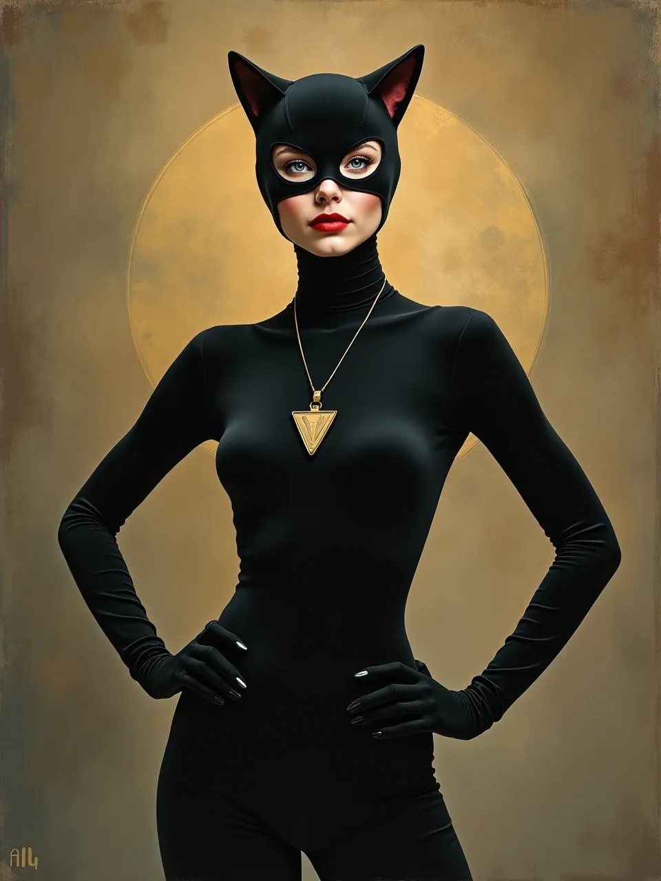 This stunning Catwoman AI portrait, in Andrey Remnev's style, showcases dramatic lighting and luxurious textures. A compelling digital painting blending classical portraiture with modern iconography.