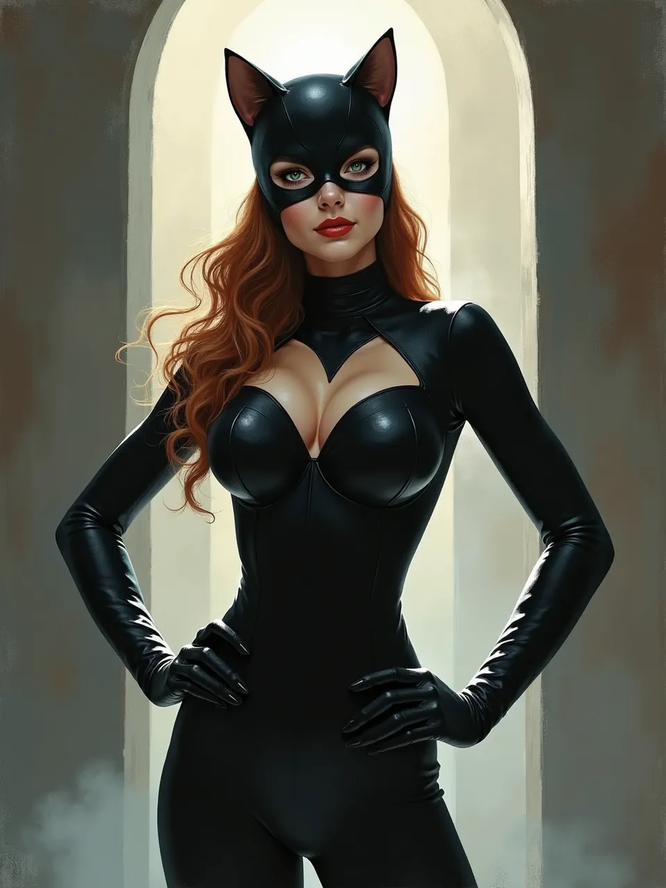 Captivating Catwoman digital art, Andy Fairhurst style. Dramatic backlighting accentuates sleek leather textures and vibrant hair, creating a high-contrast graphic illustration with striking impact.