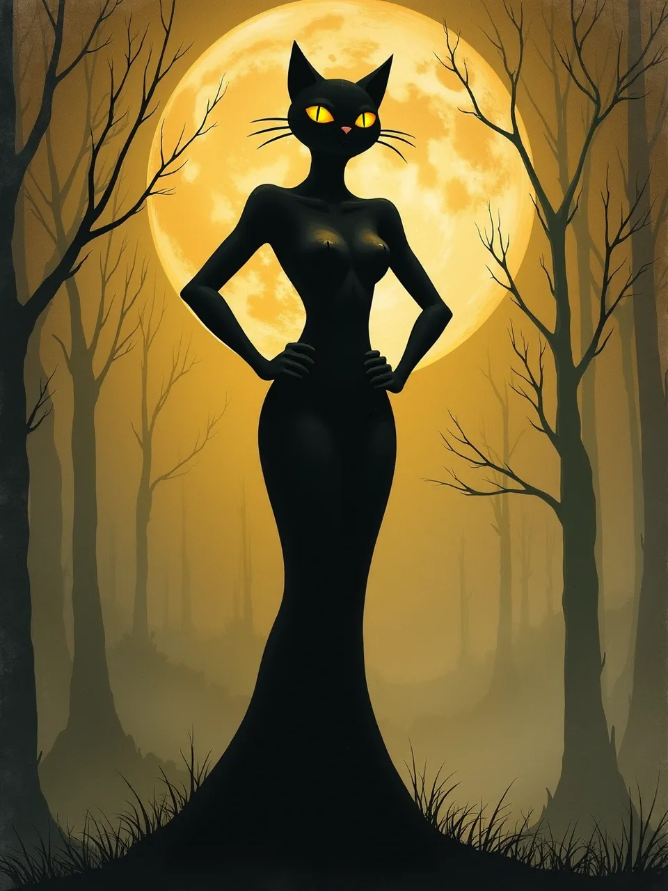 This Catwoman interpretation in Andy Kehoe's style features eerie moonlight backlighting, smooth painterly textures, and rich atmospheric digital art, creating a haunting forest vision.