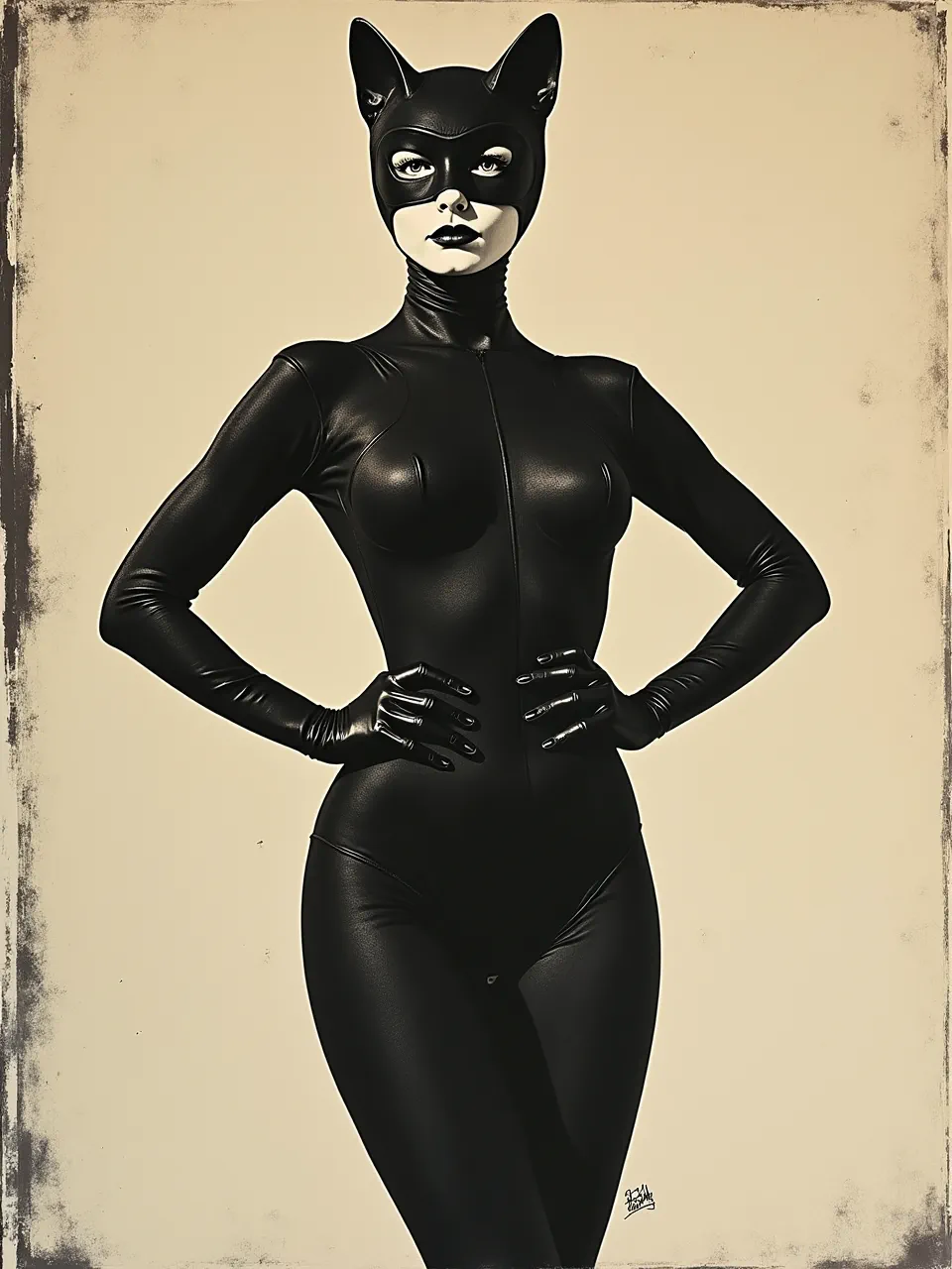 This Andy Warhol-inspired Catwoman silkscreen features dramatic, high-contrast lighting illuminating glossy suit textures. A distressed print medium enhances this iconic pop art generation.