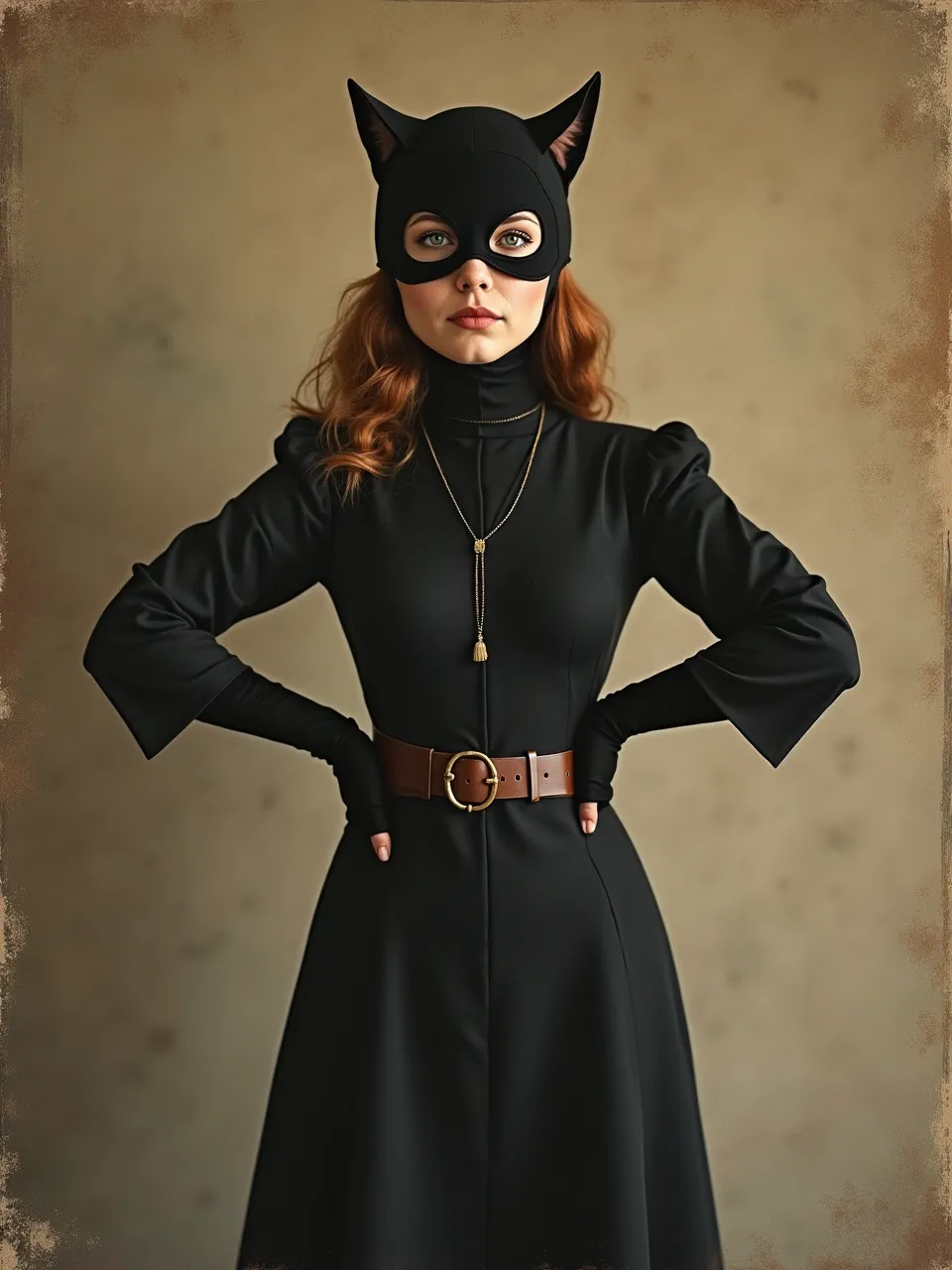 Catwoman, in Anna Ancher's style, boasts soft, natural lighting on refined fabric textures, expertly capturing a classic oil painting's serene realism and depth.