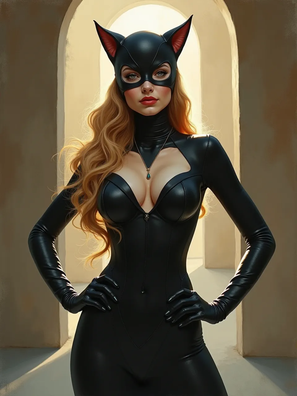 This AI-generated Catwoman captivates, styled with Anne Bachelier's ethereal vision. Dramatic painterly light illuminates her sleek, lustrous leather textures, creating a striking digital artwork masterpiece with captivating allure.