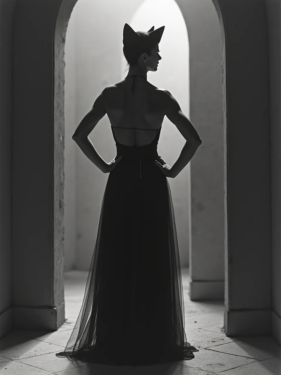 This striking Ansel Adams-inspired black and white image features Catwoman, masterfully using dramatic backlighting. Intense photographic contrast highlights intricate textures, revealing a powerful silhouette in this fine art generation.