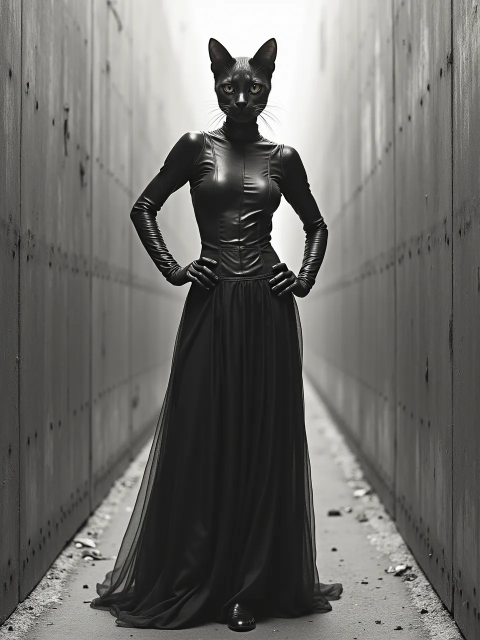 This striking Catwoman reimagining, infused with Anselm Kiefer's style, features stark lighting illuminating rich textures of distressed leather and ethereal fabric. A powerful, brooding mixed-media digital generation.