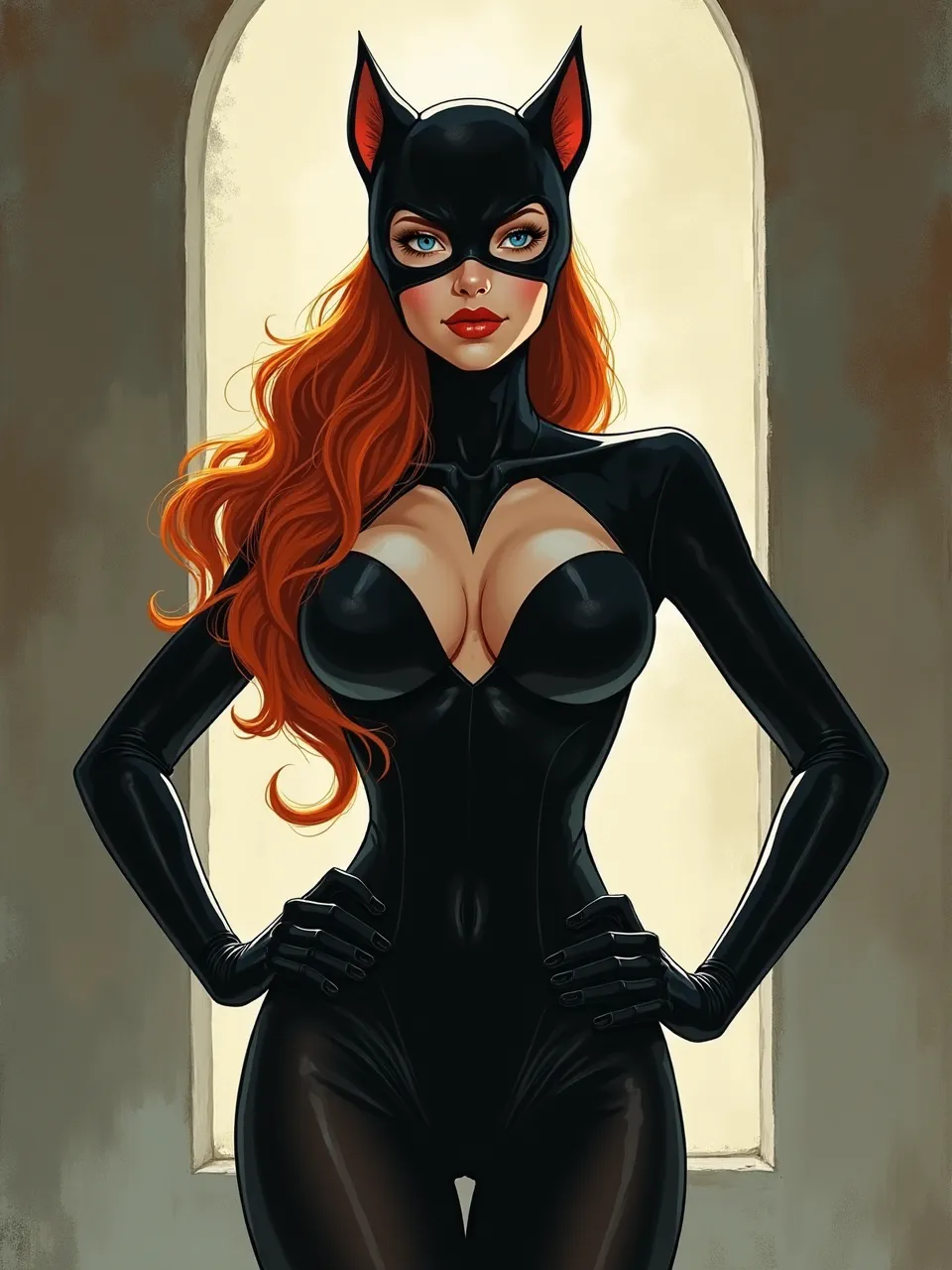 Anton Fadeev's vibrant digital illustration captures Catwoman with dramatic backlighting, enhancing her glossy suit textures and luminous red hair. A stunning comic art piece.