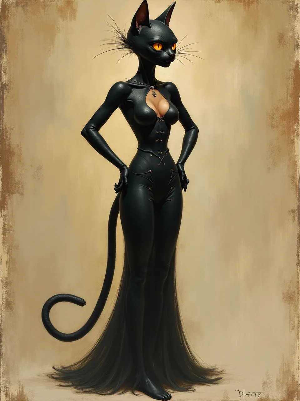 This Anton Pieck style Catwoman digital painting showcases dramatic lighting on glistening leather textures and delicate whiskers. An illustrative, dark fantasy artwork with warm, nostalgic undertones.