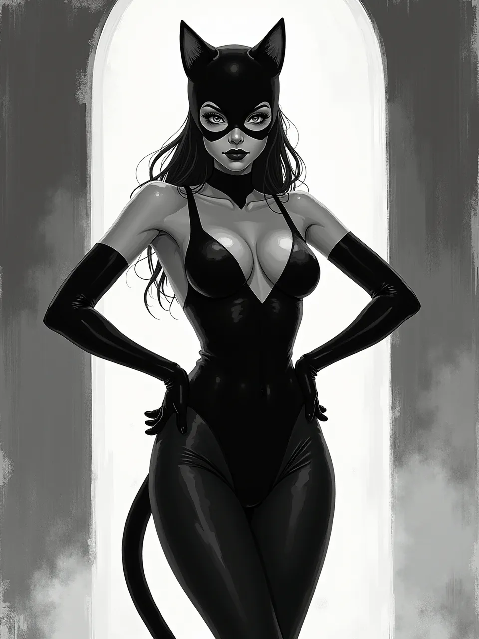 This striking Catwoman digital illustration in Apollonia Saintclair's monochrome style features dramatic backlighting, accentuating her glossy latex textures. High-contrast artistry evokes a powerful, classic graphic novel aesthetic.