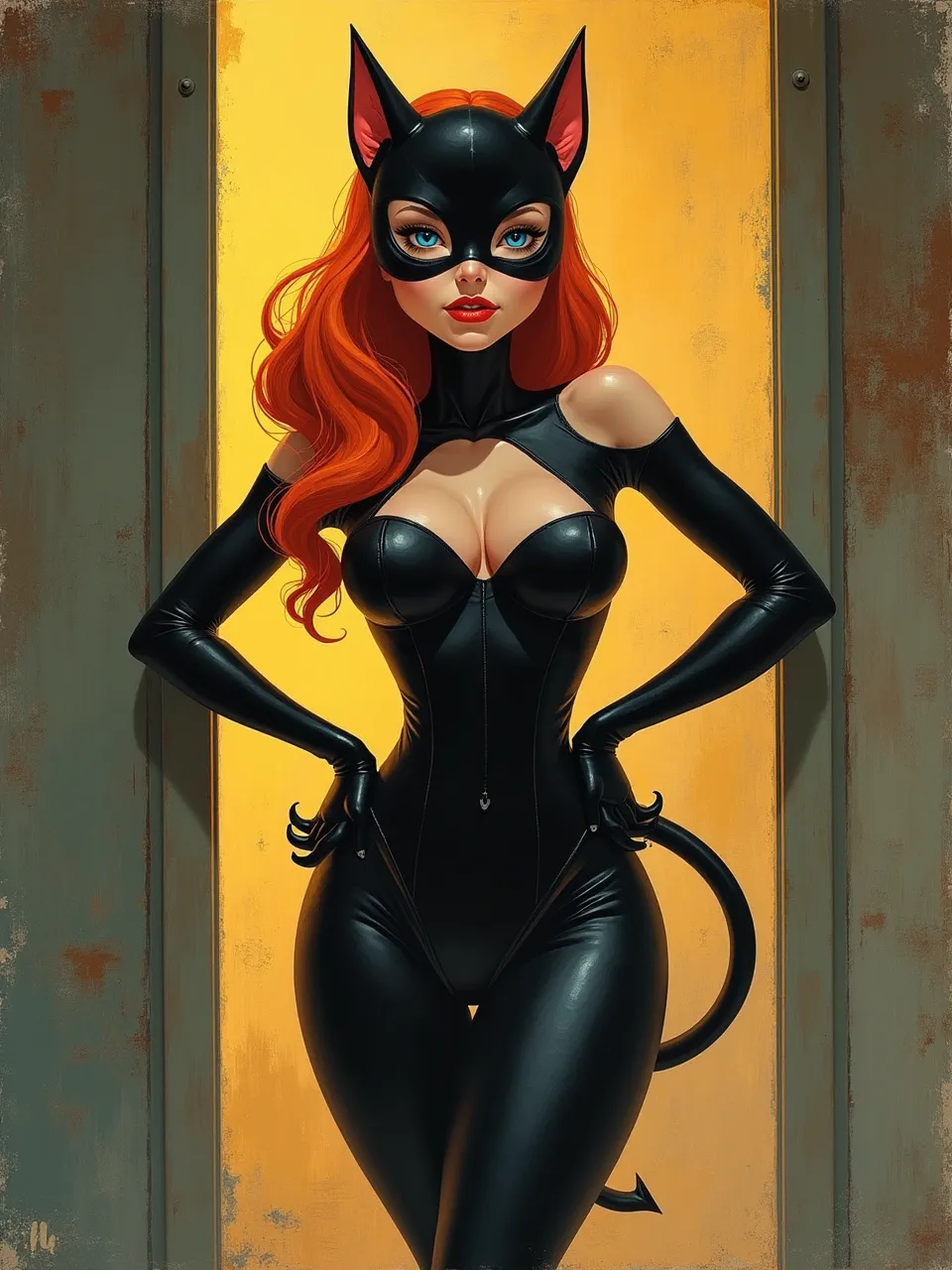 Aristarkh Lentulov's vibrant style illuminates this Catwoman. Striking lighting highlights glossy latex textures. This expressive digital oil painting medium captures dynamic character artistry.