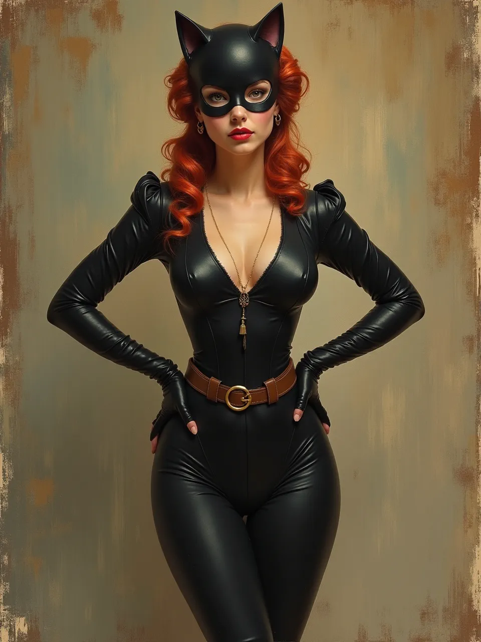 Armand Guillaumin's vibrant Impressionist lighting illuminates Catwoman's sleek leather textures in a striking digital oil painting, showcasing rich brushwork and dynamic hues.