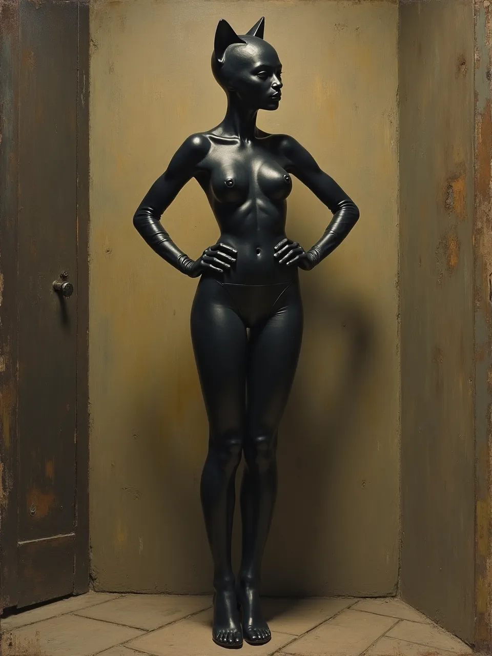 This Flux AI generation presents a metallic Catwoman, sculpted by Arnold Böcklin's dramatic lighting. Rich textures and somber hues evoke an oil painting artistic medium, creating a powerfully symbolic image.