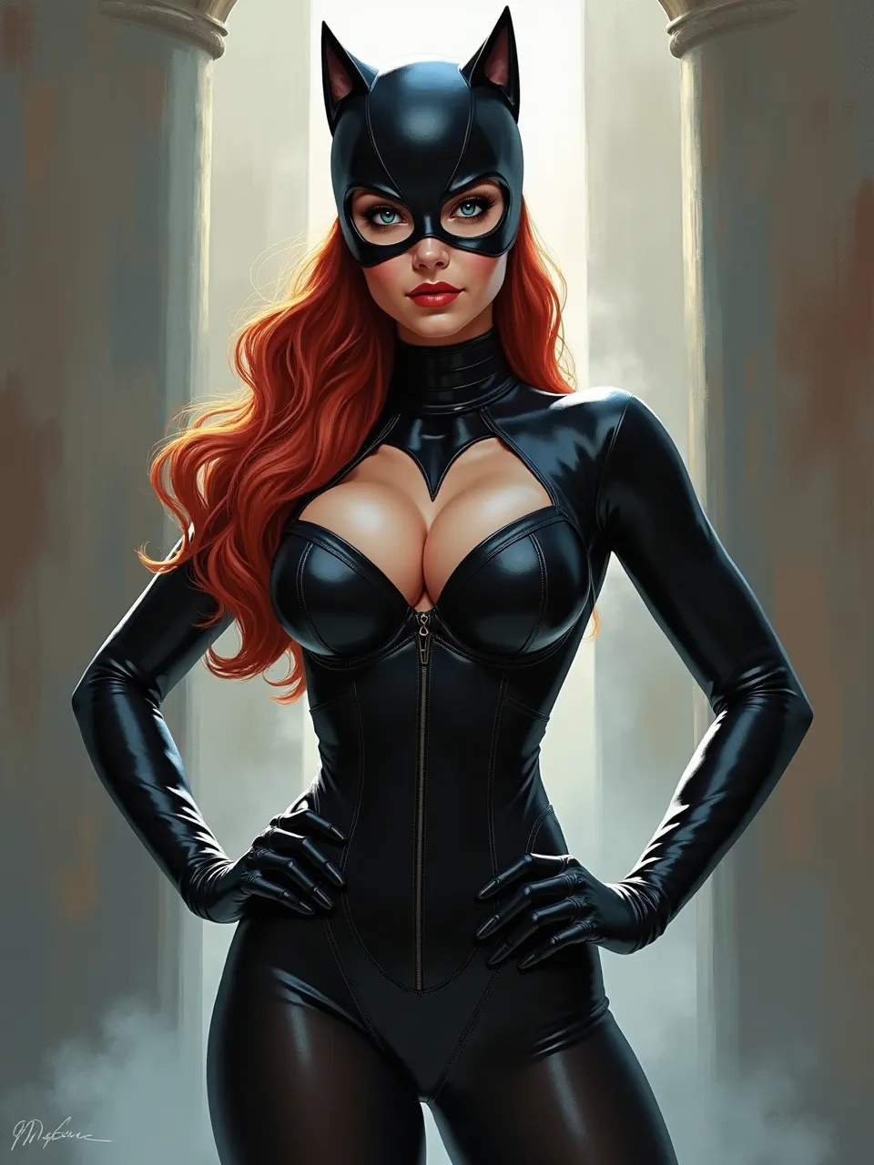 This Artgerm-inspired Catwoman digital illustration shines with exquisite lighting and hyper-realistic glossy leather textures. A vibrant, high-detail rendering, showcasing masterful digital art for superhero fans.
