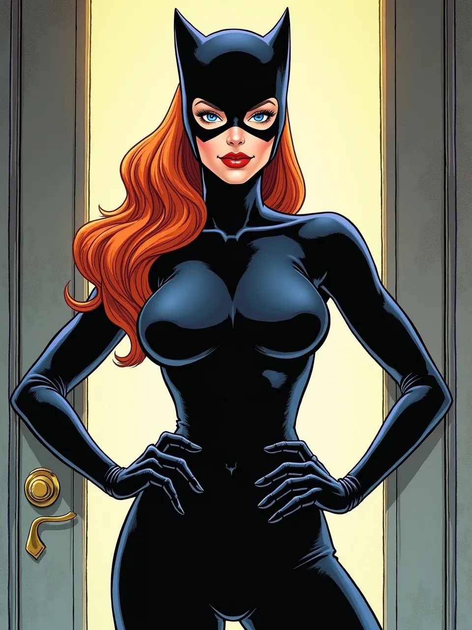 Flux AI presents Catwoman in Arthur Adams' dynamic comic book style. Intense lighting illuminates her glossy suit's sleek textures, captured through vibrant digital artwork.