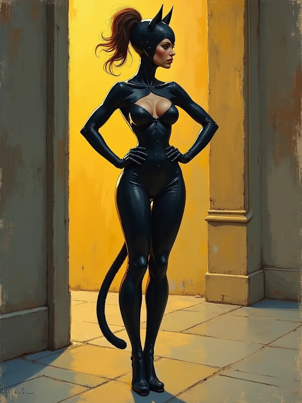 This Flux AI Catwoman generation, influenced by Arthur Lismer's style, features dramatic lighting illuminating her glossy suit's sleek textures. Vibrant, impasto oil brushwork contrasts richly with her dark form.