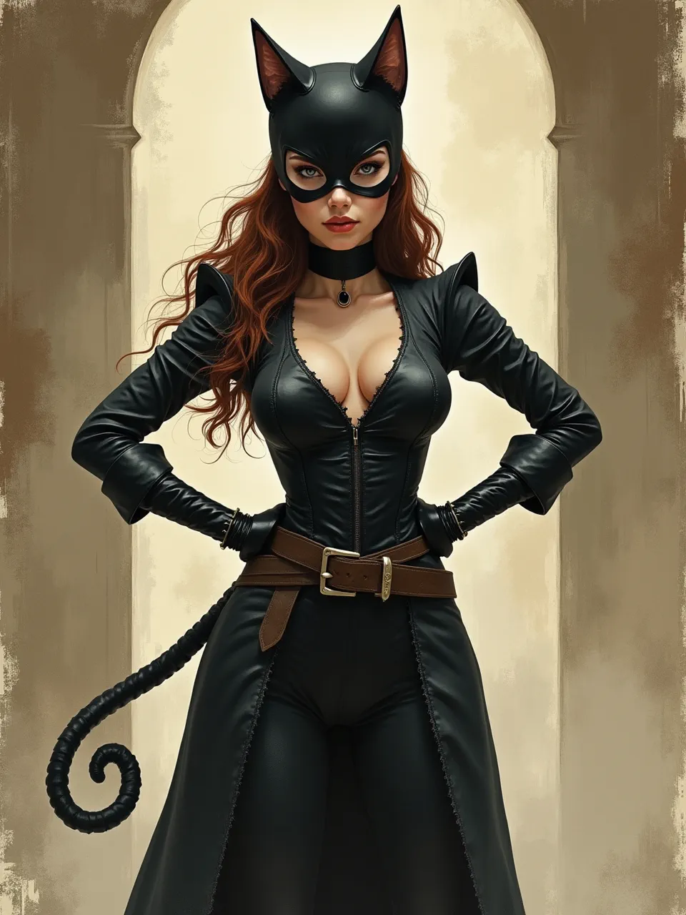 Stunning Catwoman artwork, Arthur Rackham-inspired. Meticulous digital painting highlights detailed leather textures with soft lighting, evoking classic ink and wash fantasy illustration.
