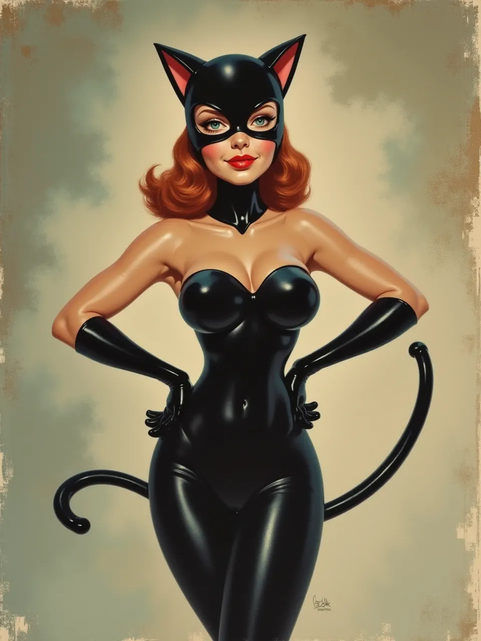This Flux AI Catwoman image, inspired by Arthur Sarnoff, showcases dramatic lighting accentuating glossy latex textures and vibrant red hair. A classic digital oil painting evoking retro pin-up allure.