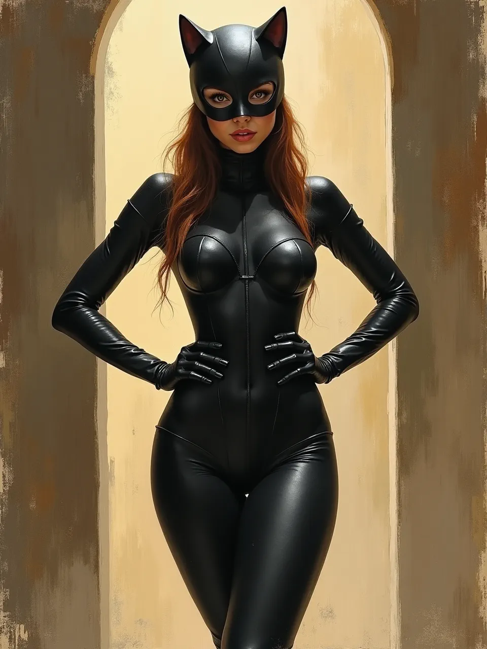 This stunning Arthur Streeton-style oil painting portrays Catwoman, featuring masterful lighting on her sleek leather textures. Impressionistic brushstrokes enhance the dramatic ambiance and rich oil medium.