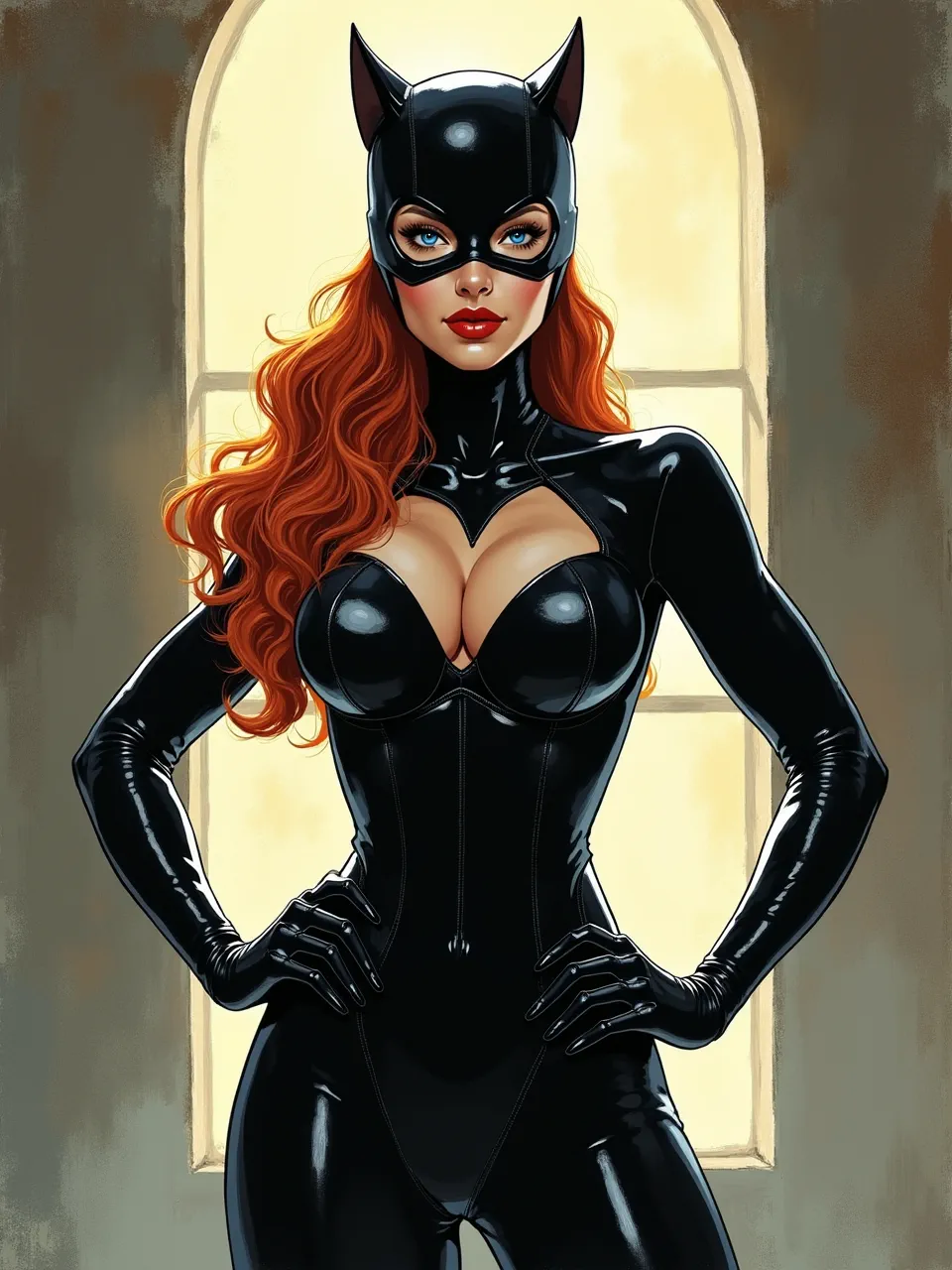 This Flux AI image features Catwoman, rendered in Arthur Suydam's iconic style as a detailed digital painting. Striking lighting illuminates glossy suit textures and vibrant hair, delivering premium comic art.