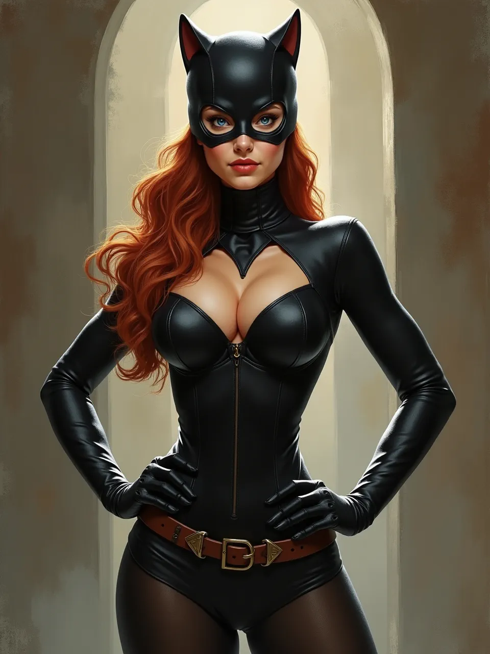 This Flux AI Catwoman generation echoes Asher Brown Durand's luminous style. Expert lighting highlights realistic leather textures in a stunning digital oil painting.