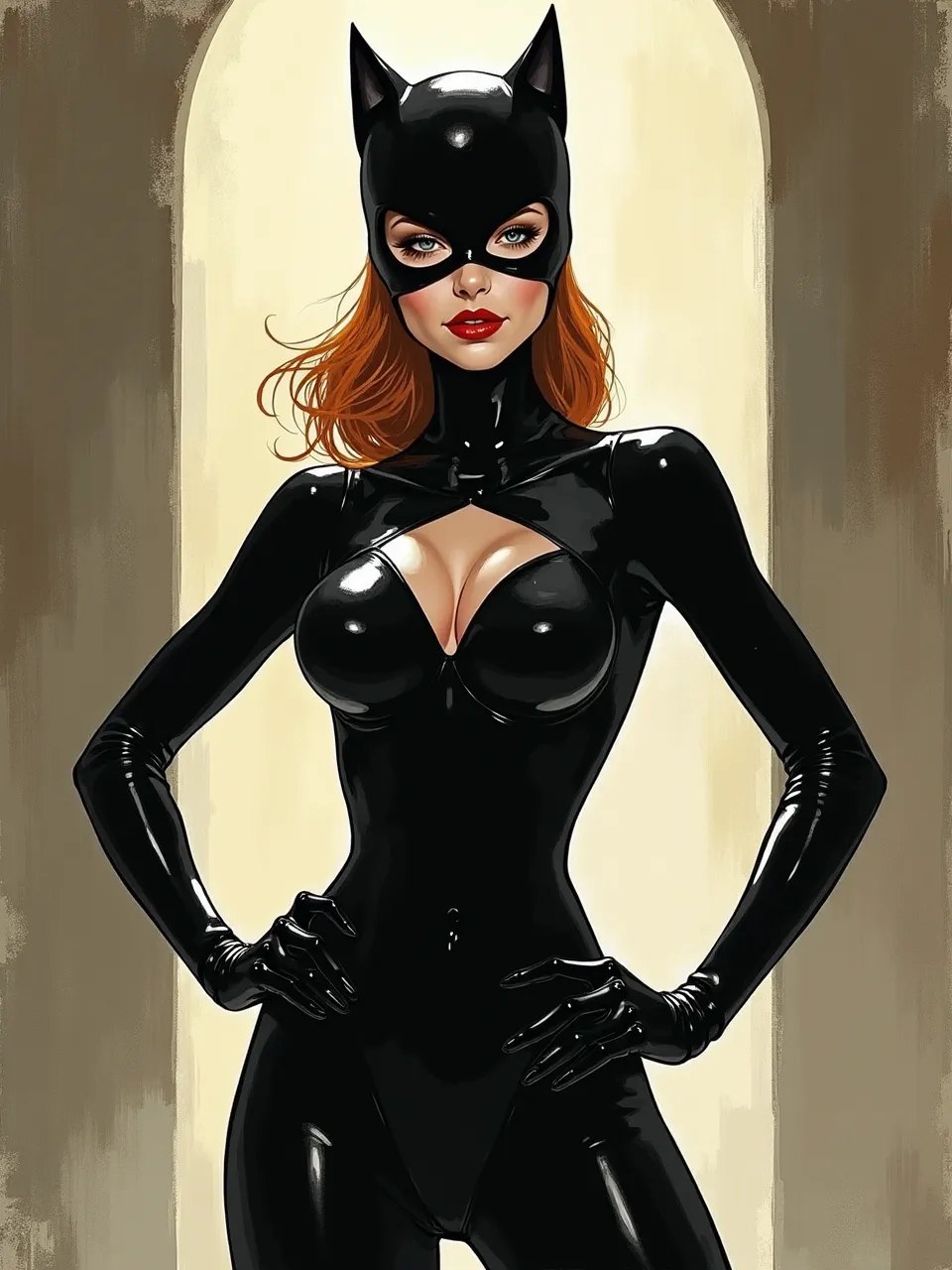 This stunning Catwoman artwork, in Ashley Wood's distinct style, showcases dramatic lighting accentuating glossy latex textures. A rich painterly background complements the high-contrast digital illustration.