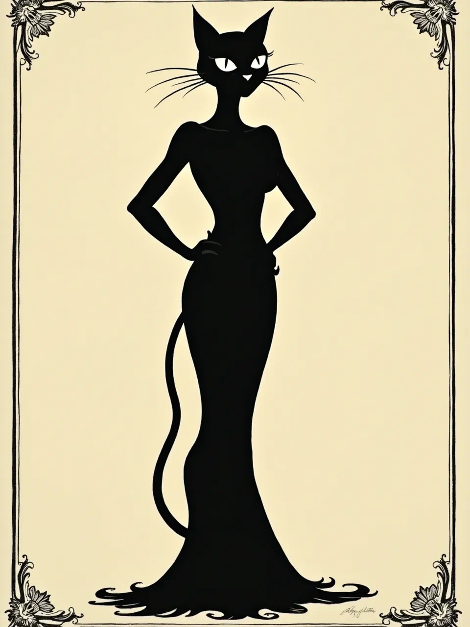 This Aubrey Beardsley style Catwoman illustration boasts dramatic, high-contrast 'lighting' with smooth, flat ink textures. A classic pen-and-ink medium defines this iconic, darkly elegant generation.