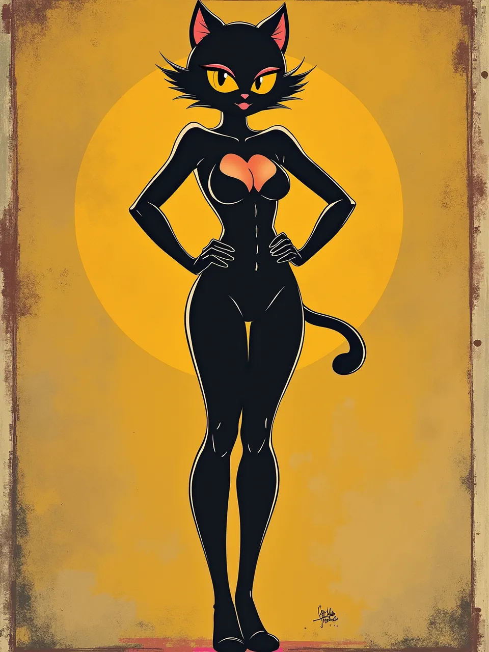 This Audrey Kawasaki-inspired Catwoman generation features bold, flat lighting, smooth character textures, and a distressed digital art medium, creating a captivating graphic piece.