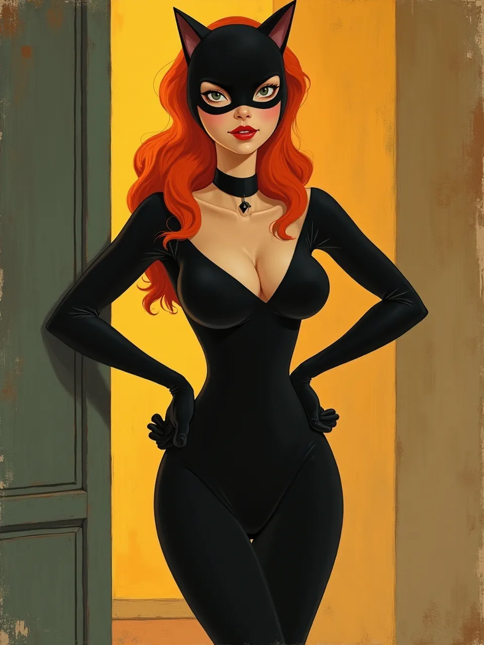 This vibrant August Macke-style Catwoman illuminates with vibrant, flat lighting and rich oil painting textures. This iconic character shines through a modern, painterly interpretation.