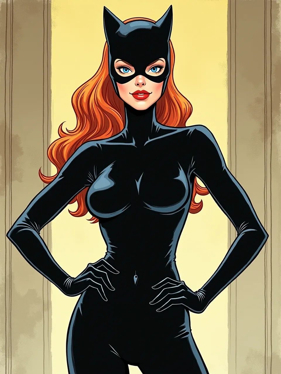 This Austin Briggs-style Catwoman illustration showcases vibrant lighting on sleek, glossy suit textures. This retro comic art medium powerfully captures her iconic look with bold lines.