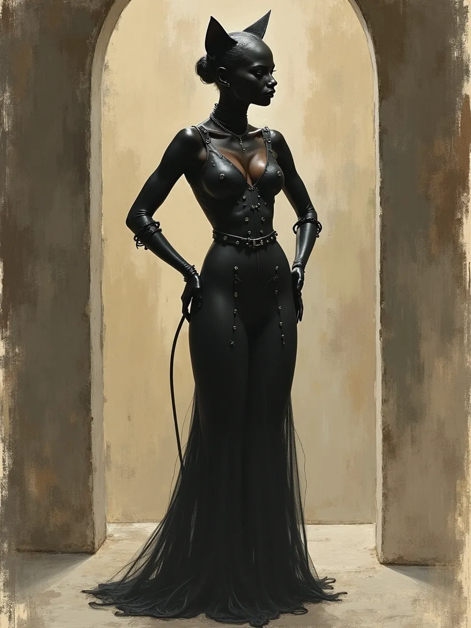 A captivating Austin Osman Spare-inspired Catwoman. Dramatic lighting highlights the glossy leather textures and flowing tulle in this powerful AI digital painting, evoking dark mystique.