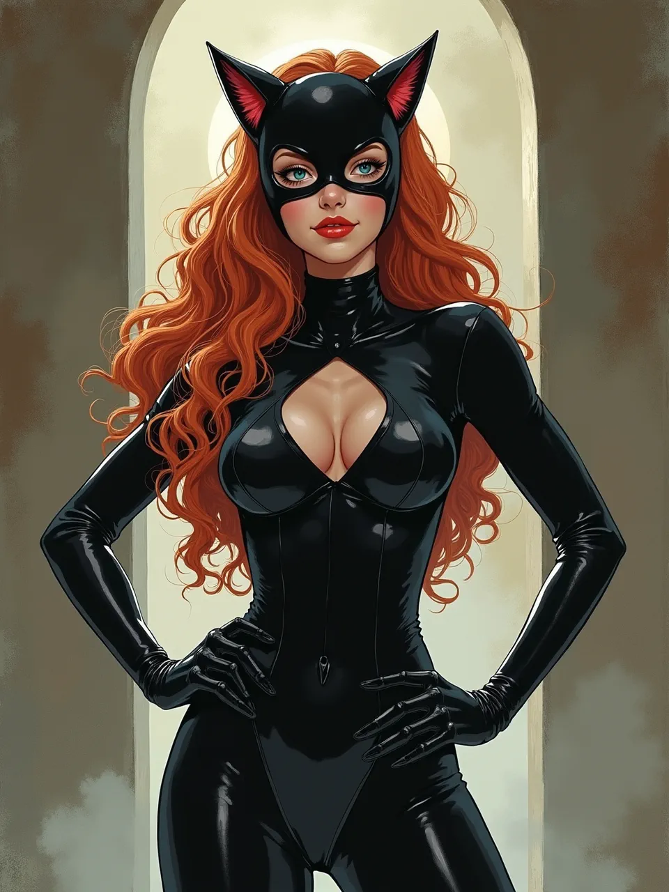 This exquisite Catwoman digital illustration, channeling Ayami Kojima's style, features dramatic backlighting emphasizing slick latex textures and flowing red hair. A masterclass in digital painting.