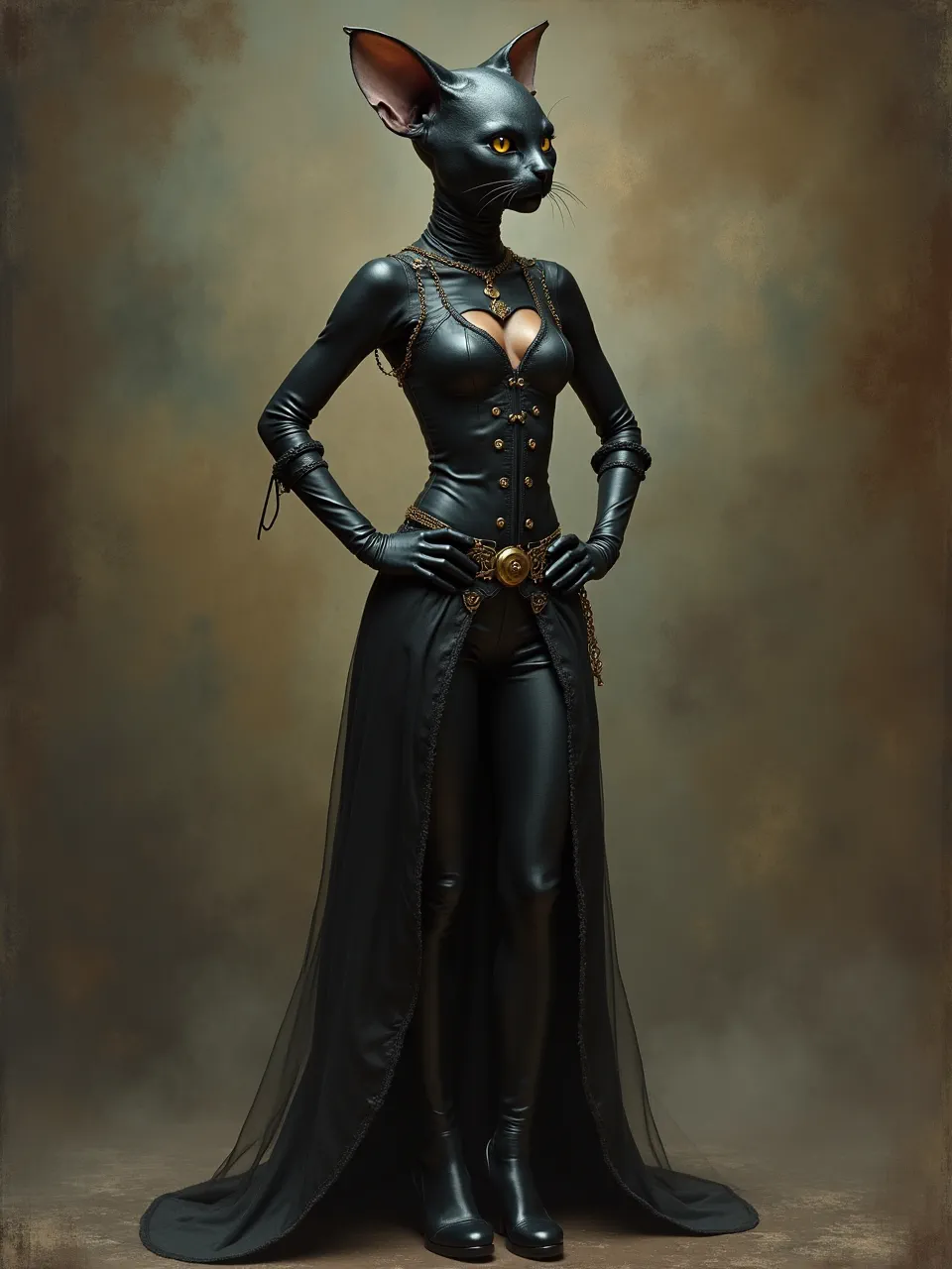 This Flux AI Catwoman generation, in Balthasar van der Ast's exquisite oil painting style, features dramatic lighting on rich leather textures and a delicate sheer skirt, showcasing meticulous artistic detail.