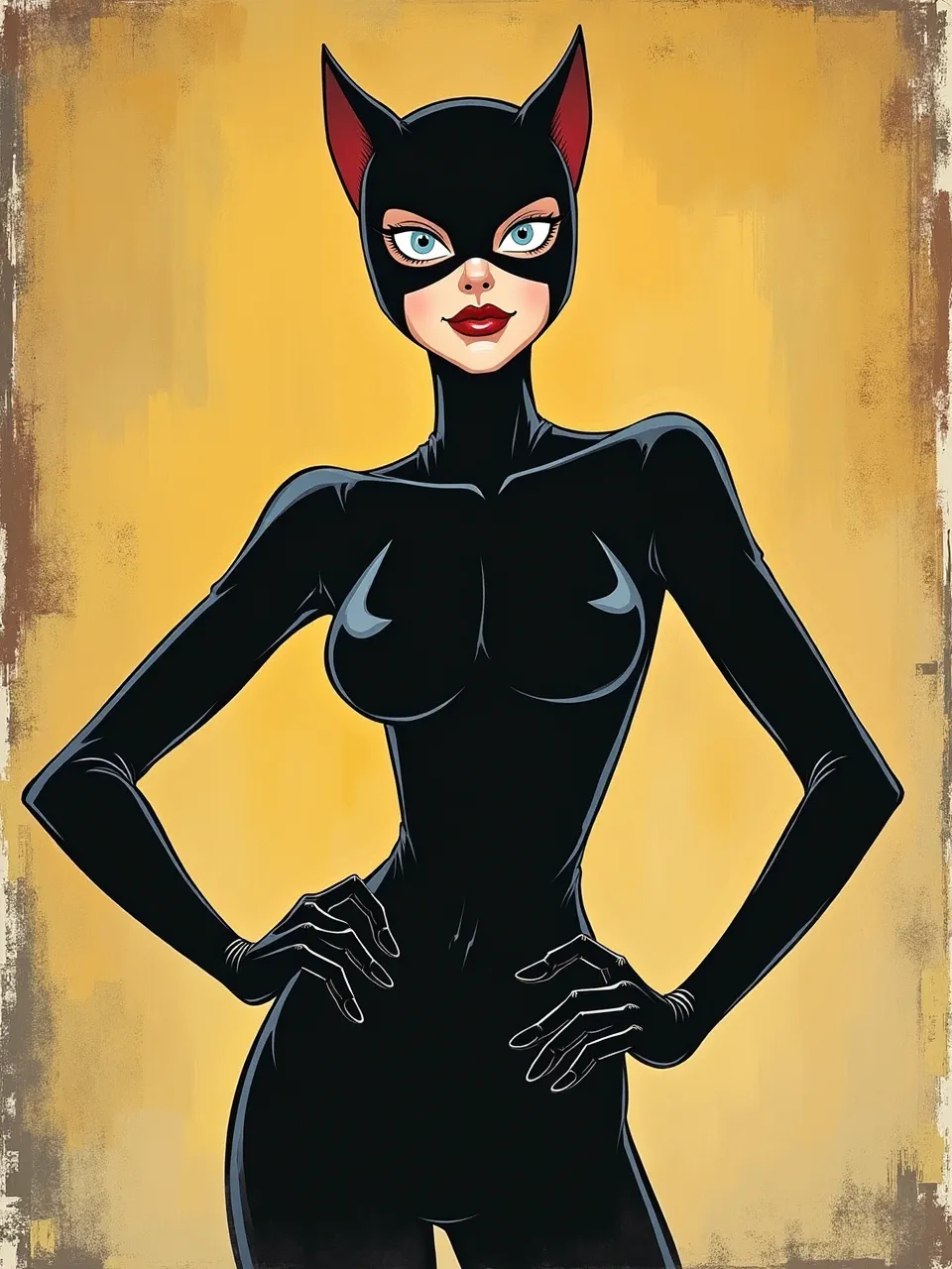 Barry McGee's vibrant pop art defines this Catwoman digital illustration. Stark lighting, glossy suit textures, and a distressed background characterize its bold comic book medium.