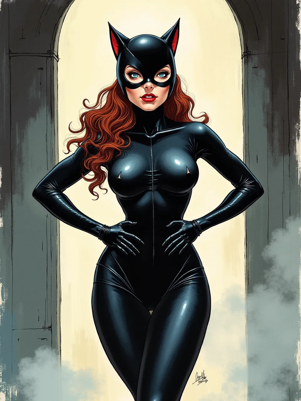 This Flux AI Catwoman artwork in stunning Barry Windsor-Smith style features dynamic lighting accentuating glossy suit textures. Masterful digital comic art medium captures her iconic allure.