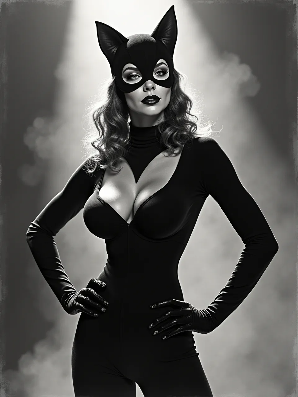 A striking Basil Gogos-style Catwoman. Dramatic lighting sculpts glossy textures of her sleek suit and mask in a powerful monochromatic AI illustration, evoking classic pulp art.