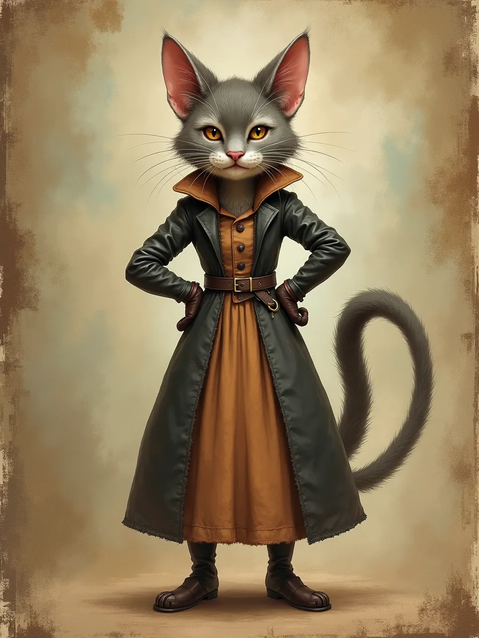 This charming, warm-lit digital painting emulates traditional Beatrix Potter watercolor, showcasing Catwoman's soft fur, rich leather textures, and a detailed vintage aesthetic.