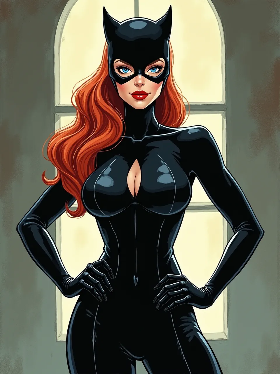 This vibrant Becky Cloonan-inspired Catwoman digital illustration features dynamic backlighting, emphasizing her glossy suit textures and flowing hair with a bold comic book aesthetic.