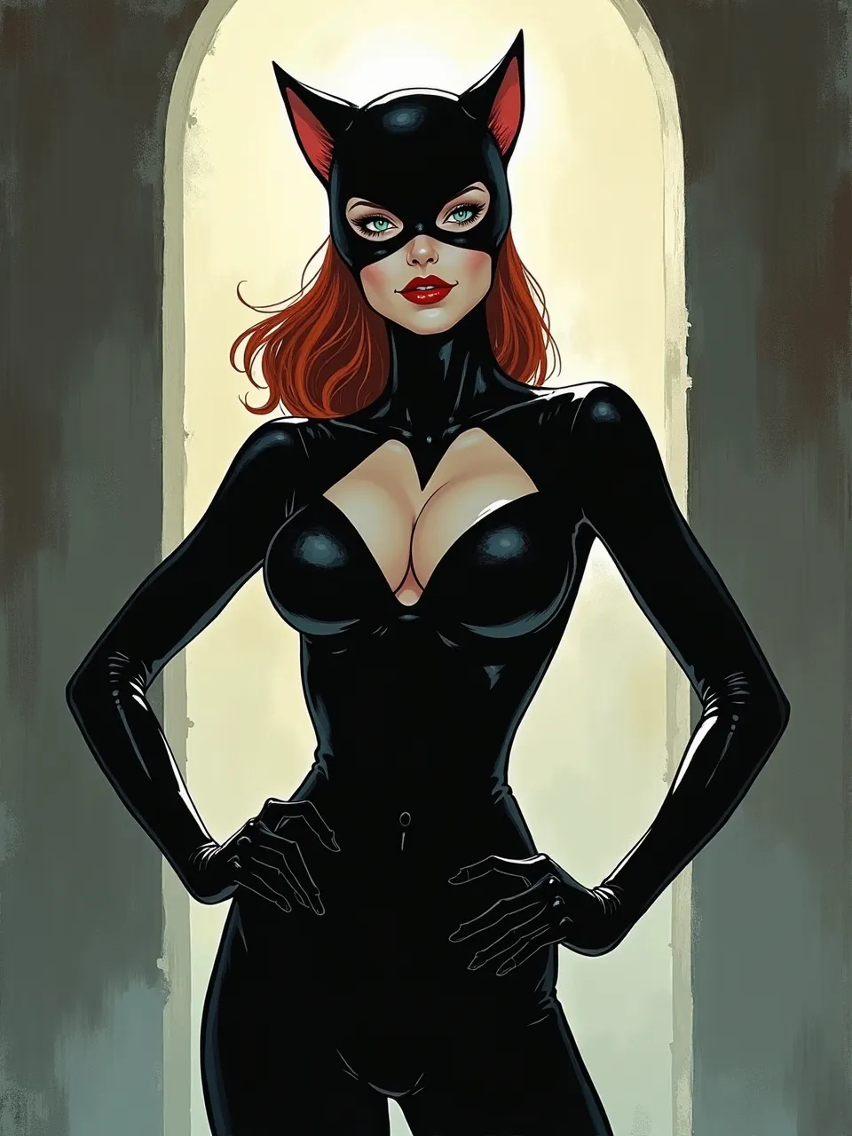 This dynamic AI-generated Catwoman, inspired by Ben Templesmith's graphic style. Stark backlighting accentuates glossy latex textures within this vivid digital comic art medium.