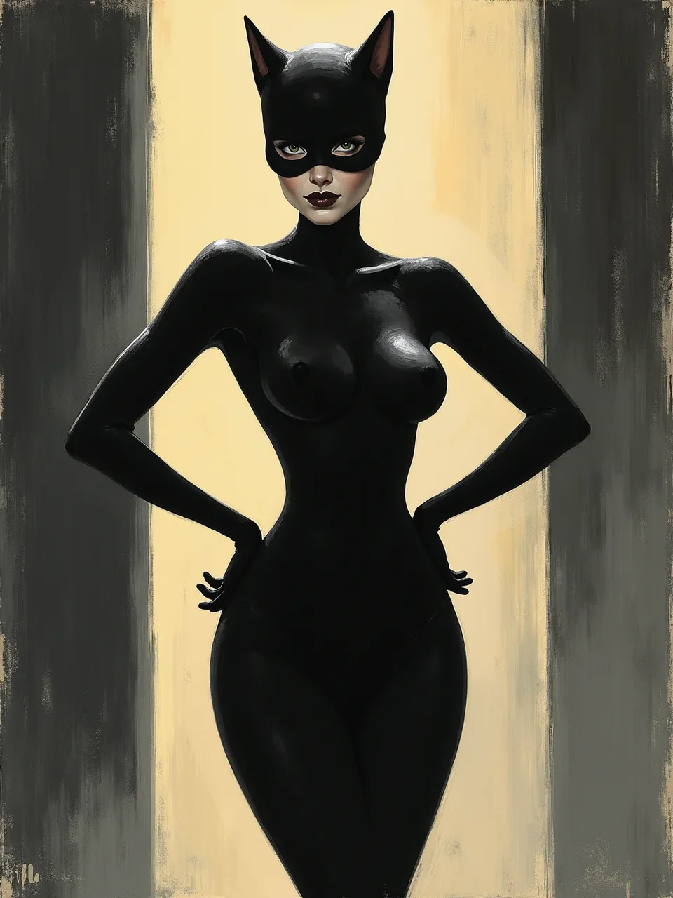 Flux AI presents Catwoman in Bill Jacklin's style. Dynamic lighting accentuates her sleek textures against bold brushstrokes, embodying a dramatic oil painting aesthetic.