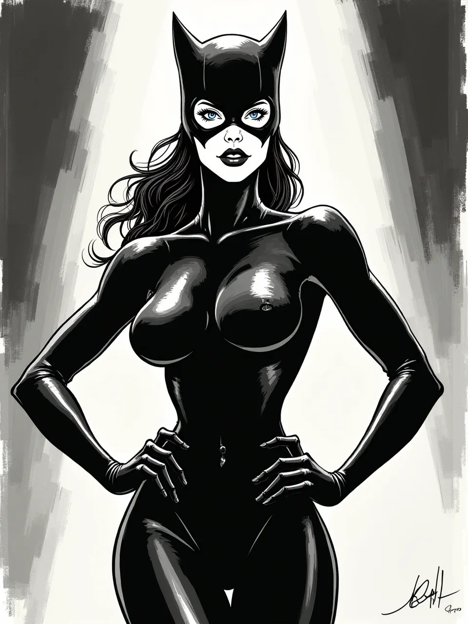 This striking Bill Sienkiewicz-inspired Catwoman generation features dramatic lighting accentuating glossy textures. Bold ink brushwork defines the artistic medium, capturing intense power and allure.