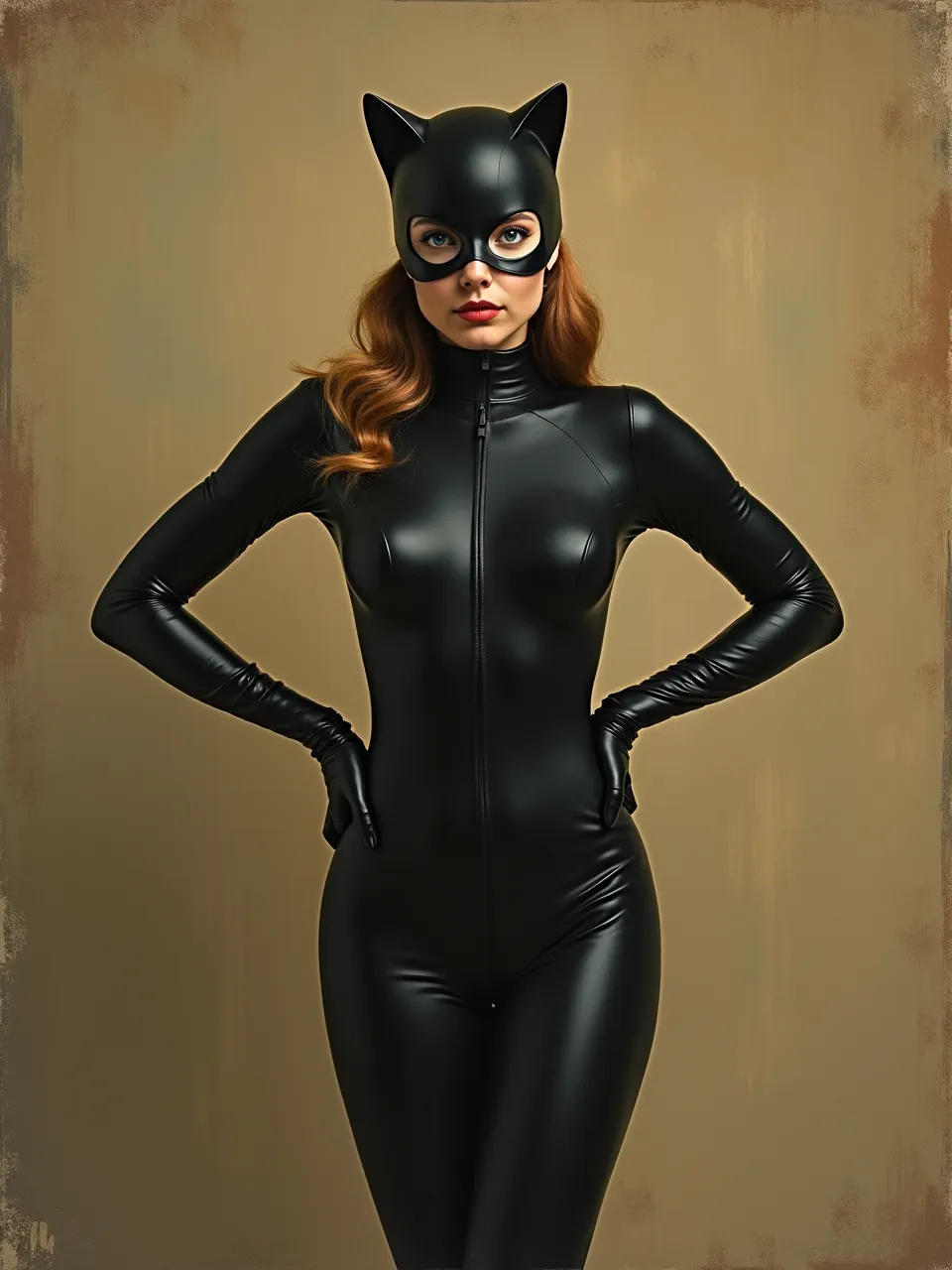 This Flux AI Catwoman, inspired by Bo Bartlett, showcases dramatic lighting and photorealistic depth in a rich oil painting style. Its glossy latex textures and intricate details create a captivating.
