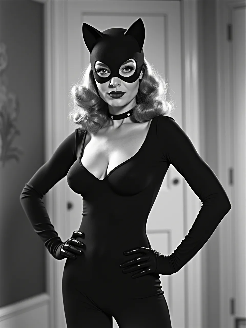 This Bob Mizer-inspired Catwoman generation in striking black and white photography showcases dramatic lighting and captivating sleek textures. This Flux AI image evokes vintage pin-up allure.
