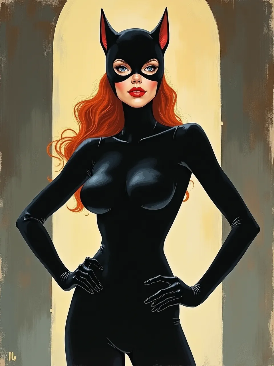 This iconic Catwoman illustration, rendered in the Bob Peak style, shines with dramatic lighting and sleek, glossy textures. This vibrant digital artwork captures the character's allure perfectly.